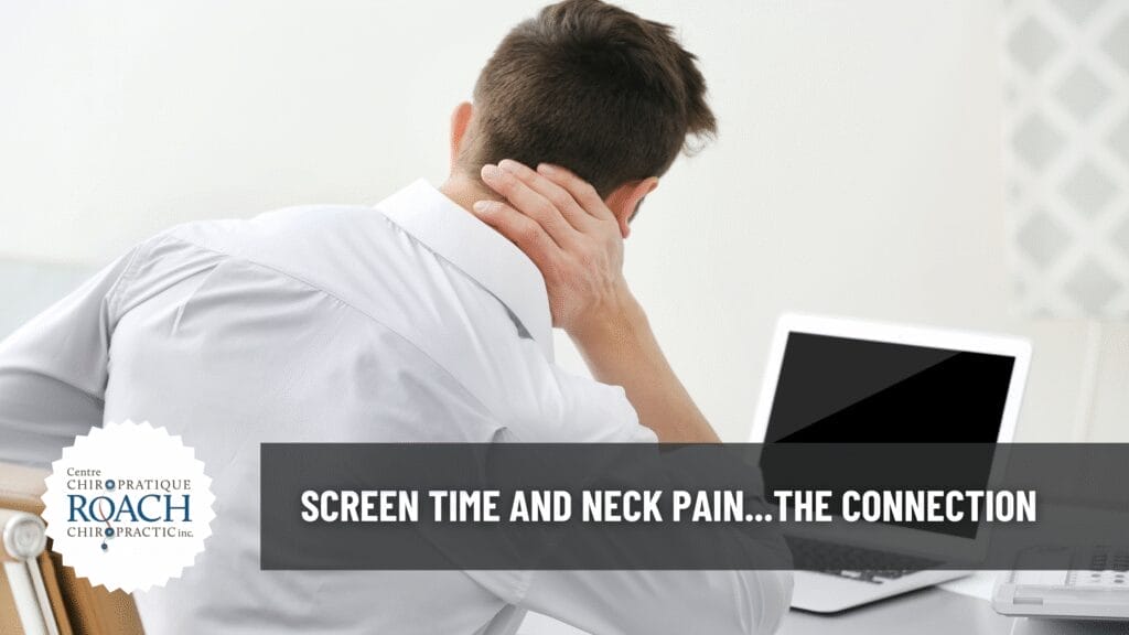 person sitting in front of a computer screen experiencing neck pain