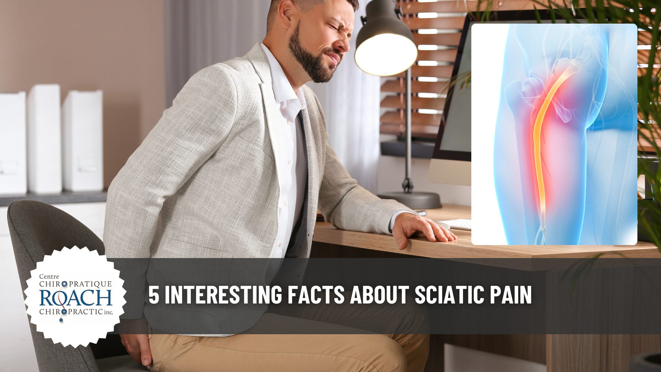 a man sitting at a desk experiencing sciatic pain.
