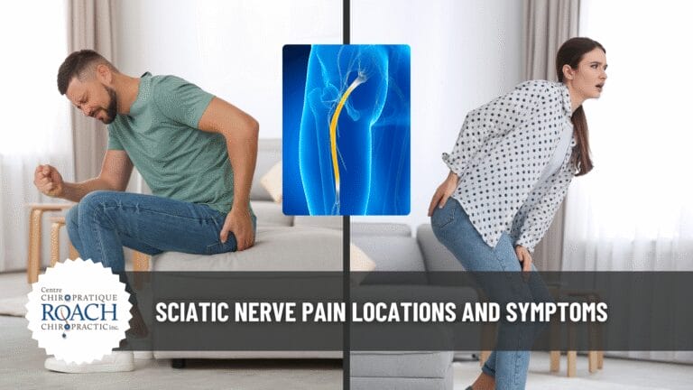 two people showing pain from sciatic nerve and a blue outline and yellow indication of the sciatic nerve location.