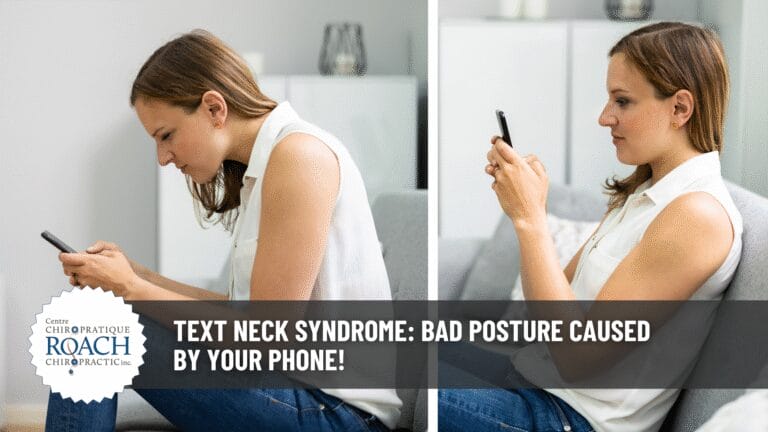 person sitting looking at phone with bad posture (left). same person sitting with correct posture looking at phone (right).