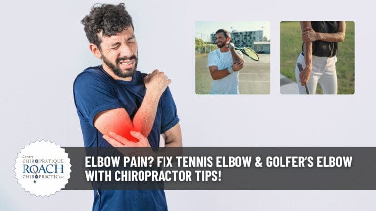 a man holding his shoulder in pan, indicated by red highlighting (left). a picture in picture view of a man experiencing tennis elbow and a woman experiencing golfer's elbow (right).
