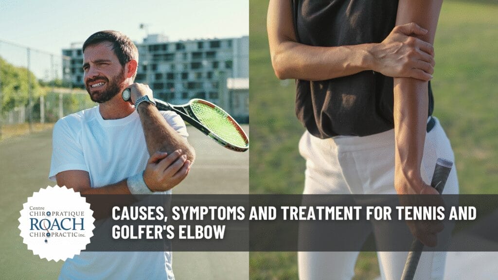 on left - person holding arm experiencing tennis elbow with a tennis racket in hand. on right - person holding arm experiencing golfer's elbow with golf club in hand.