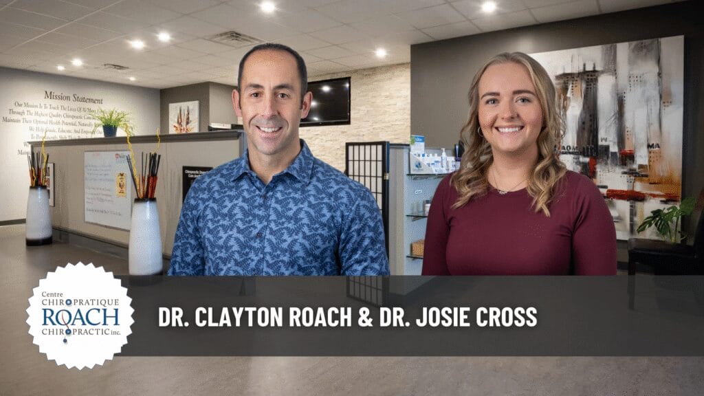 Dr. Clayton Roach (left) and Dr. Josie Cross (right), imposed over background of the office of Roach Chiropractic