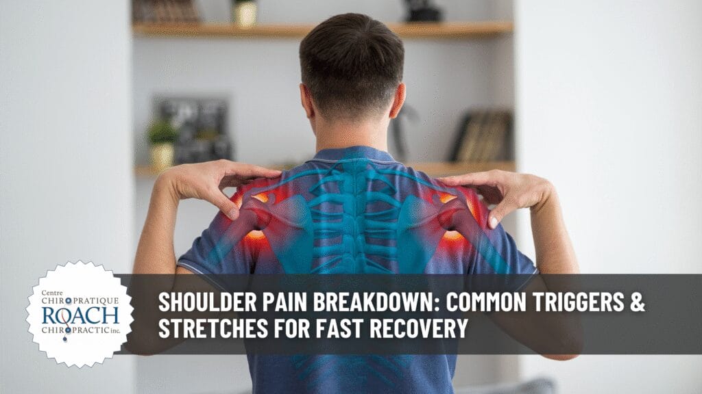 Shoulder Pain Breakdown: Common Triggers & Stretches for Fast Recovery 1 main standing showing back with hands placed on shoulders indicating shoulder pain areas