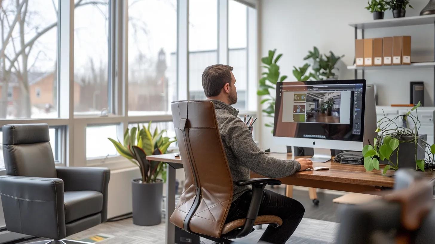 a cozy indoor office scene showcases a focused individual sitting at a desk, engaging in posture exercises while surrounded by ergonomic furniture, emphasizing the importance of proper spinal alignment during the cold months of nova scotia.
