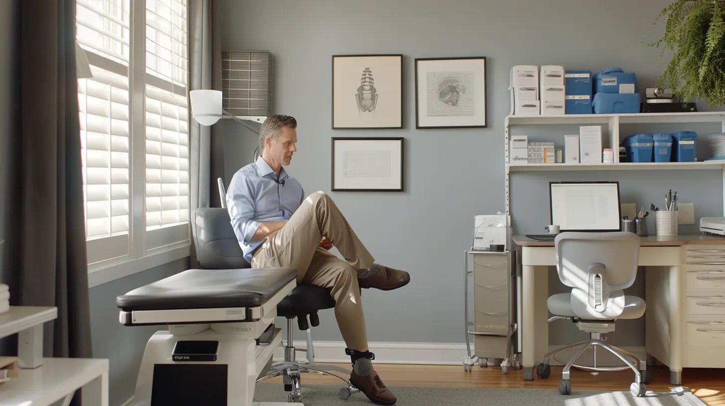 a well-lit, modern office interior showcases a concerned patient seated on a chiropractic examination table, displaying subtle signs of discomfort as they discuss their spinal health with a focused healthcare professional, emphasizing the importance of recognizing weather-related spine issues.