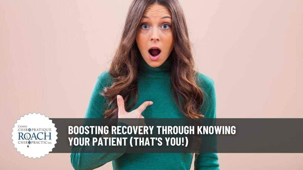 Boosting recovery through knowing your patient (That's You!) 2 a woman in a green shirt pointing at herself, realizing the advantage of Roach Chiropractic offering true personalized care.
