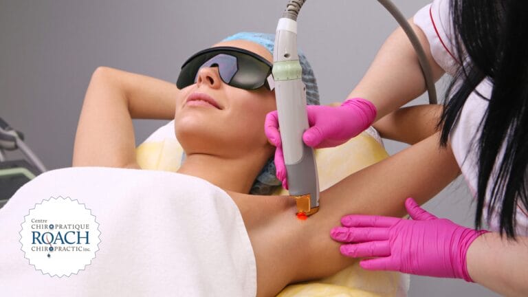 A patient receiving laser therapy treatment for chronic pain.