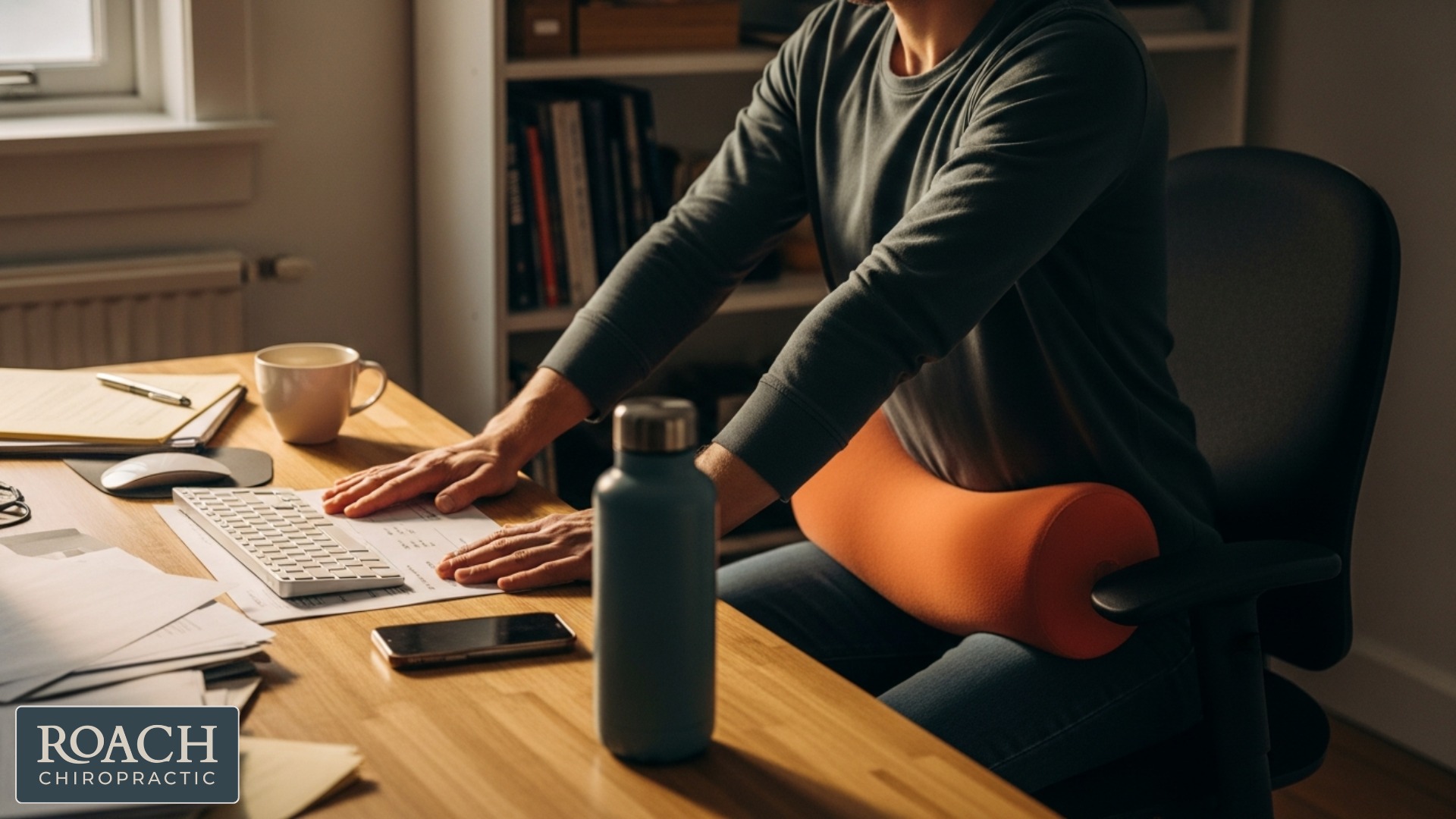Bedford office worker getting posture correction chiropractic assessment at desk