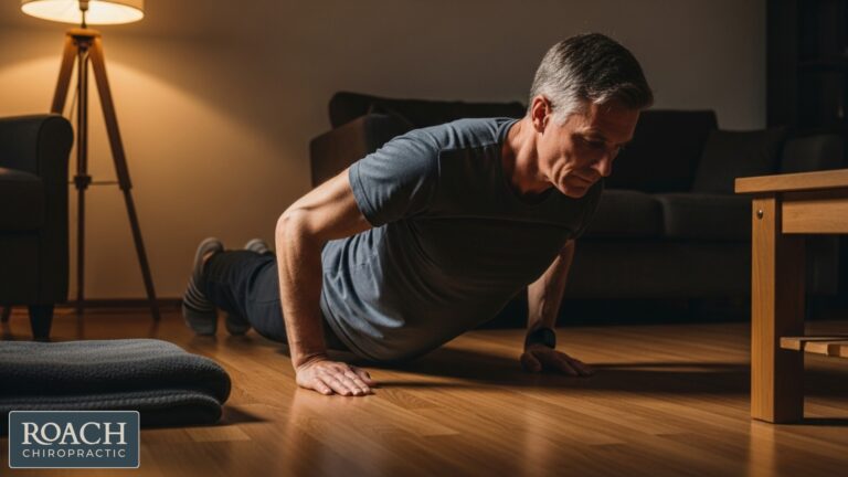 Adult over 50 holding joint health supplements next to a chiropractor assessment