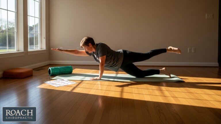 Patient performing a safe sciatic stretch on a yoga mat with proper posture