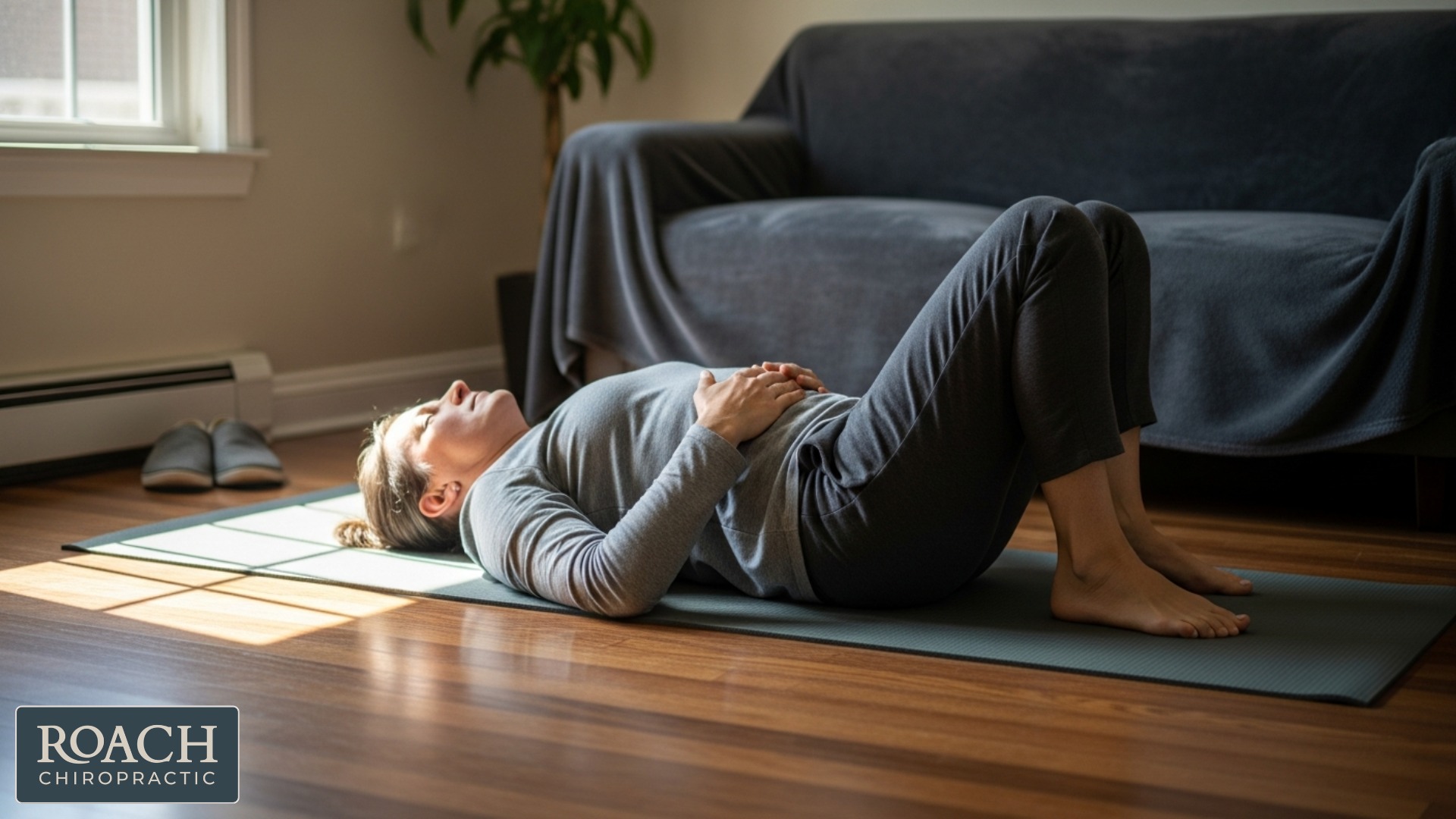 Person performing McGill Big 3 bird dog exercise on yoga mat for lower back stability