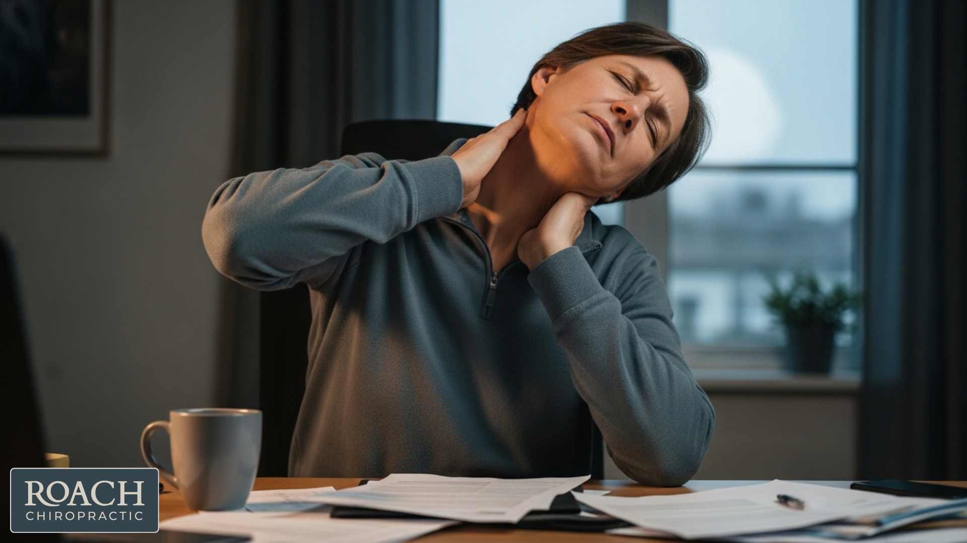 Halifax desk worker cracking their neck at a computer showing poor posture