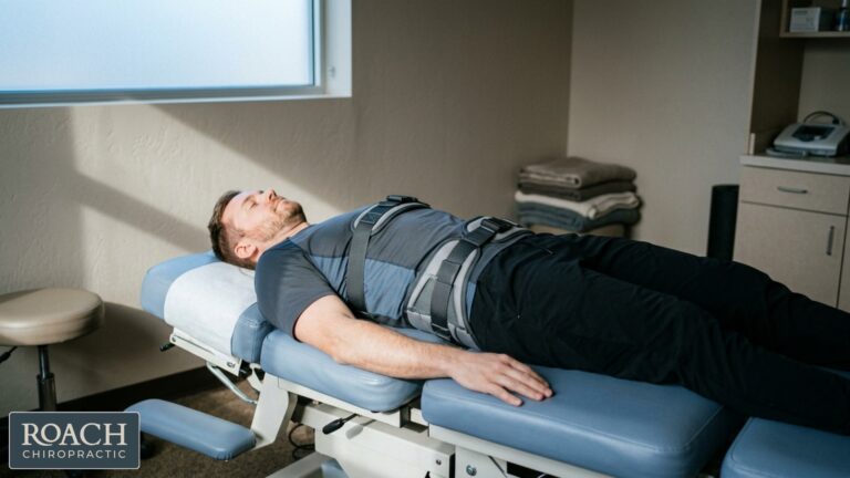 Chiropractor performing spinal decompression therapy on patient with sciatic nerve pain