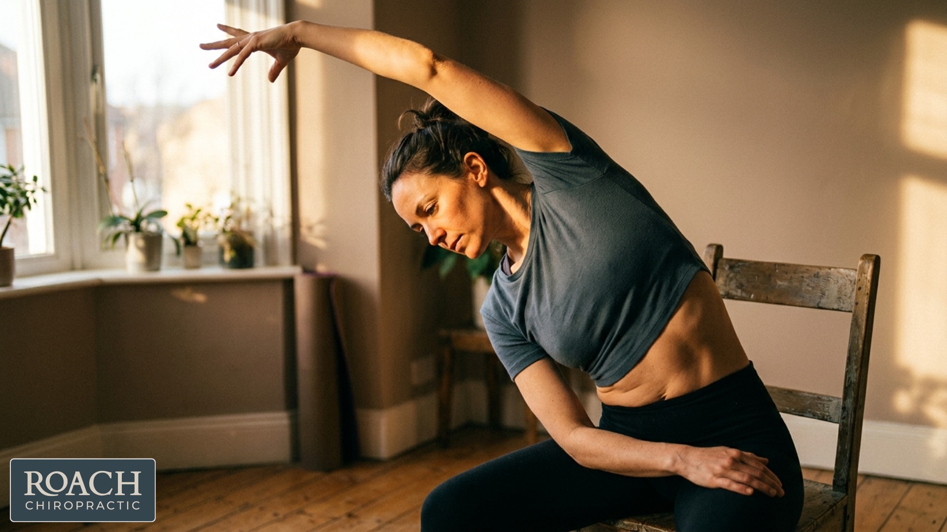 Bedford chiropractor demonstrating lateral rib stretches to relieve trunk stiffness