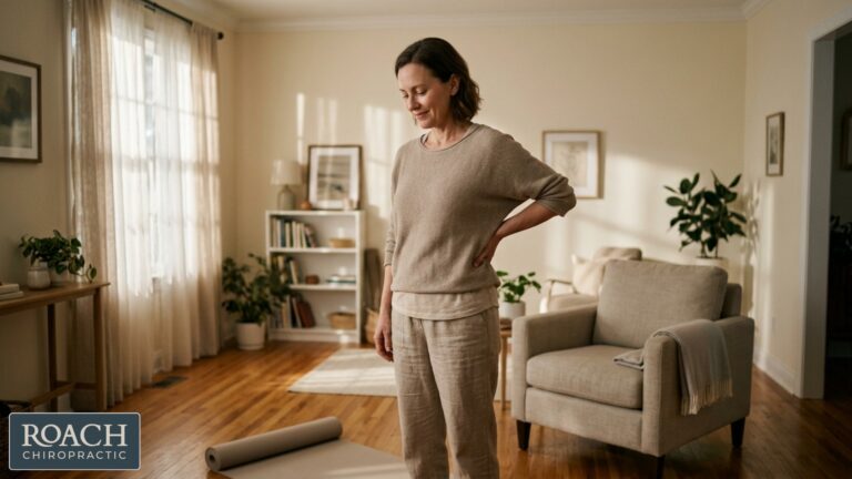Woman performing a standing side bend quadratus lumborum stretch for lower back pain relief