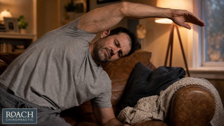 Person performing a side-lying QL muscle sciatica stretch over a couch arm