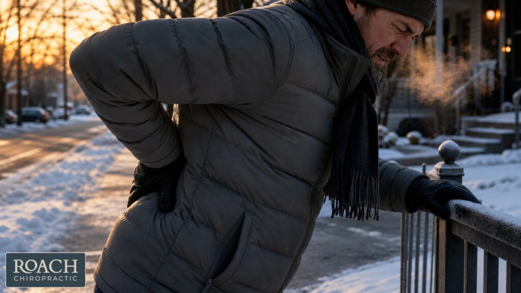 Person holding lower back with exaggerated arch during cold winter weather