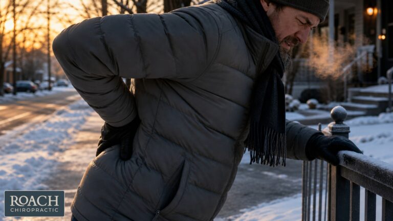 Person holding lower back with exaggerated arch during cold winter weather
