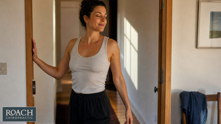 Person doing a gentle doorway rib stretch for mobility and breathing