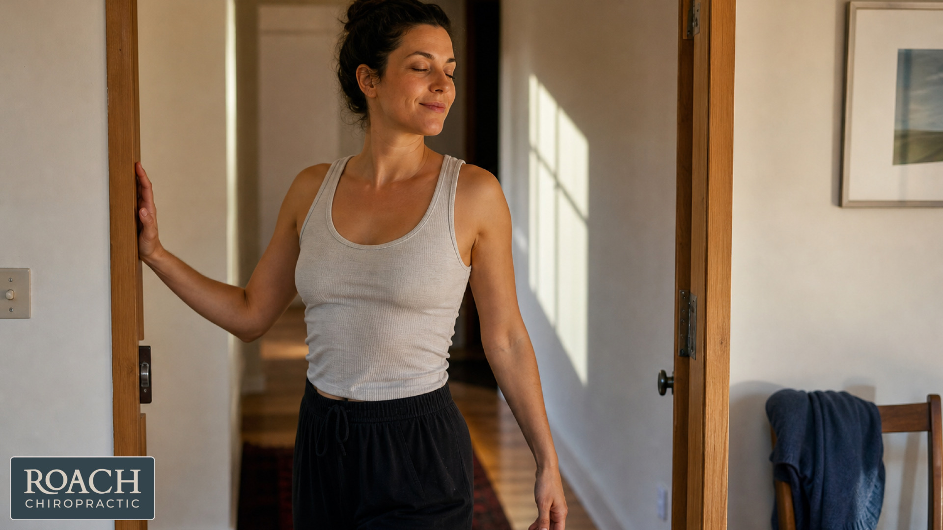 Person doing a gentle doorway rib stretch for mobility and breathing
