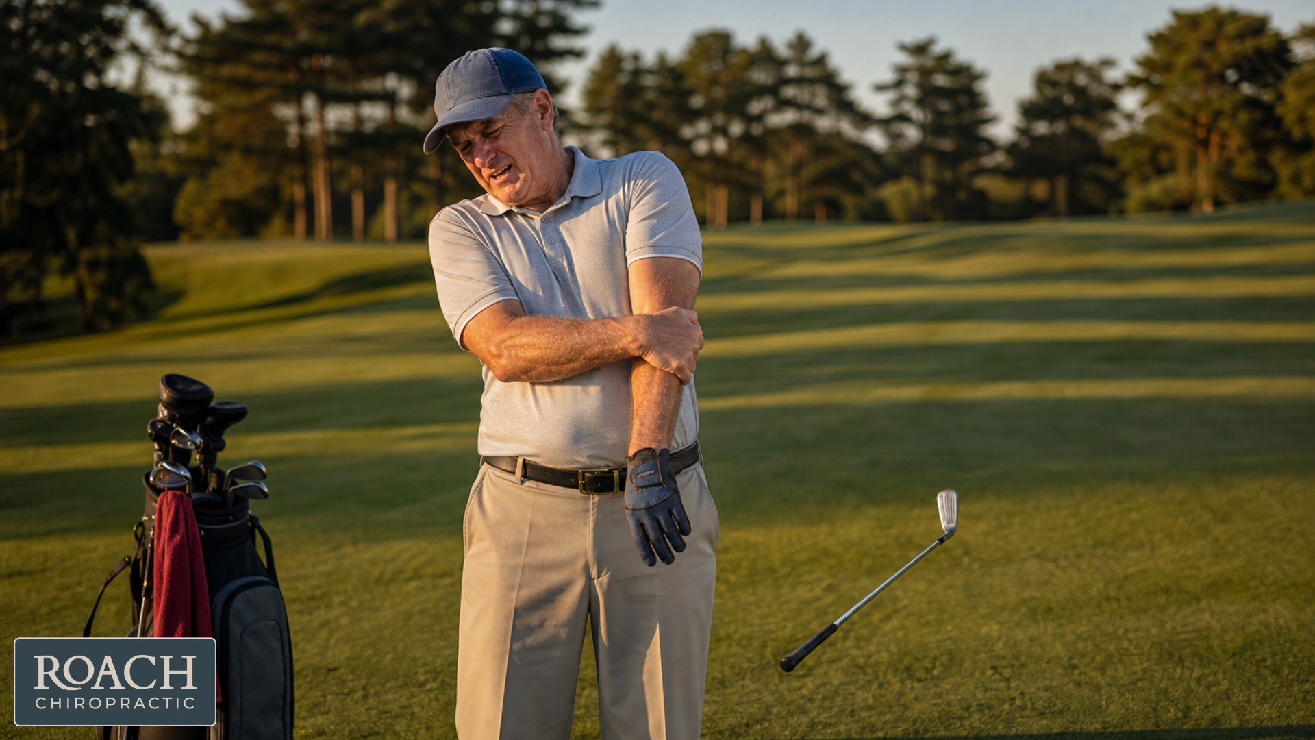 Golfer mid-swing holding elbow in pain on a Bedford golf course